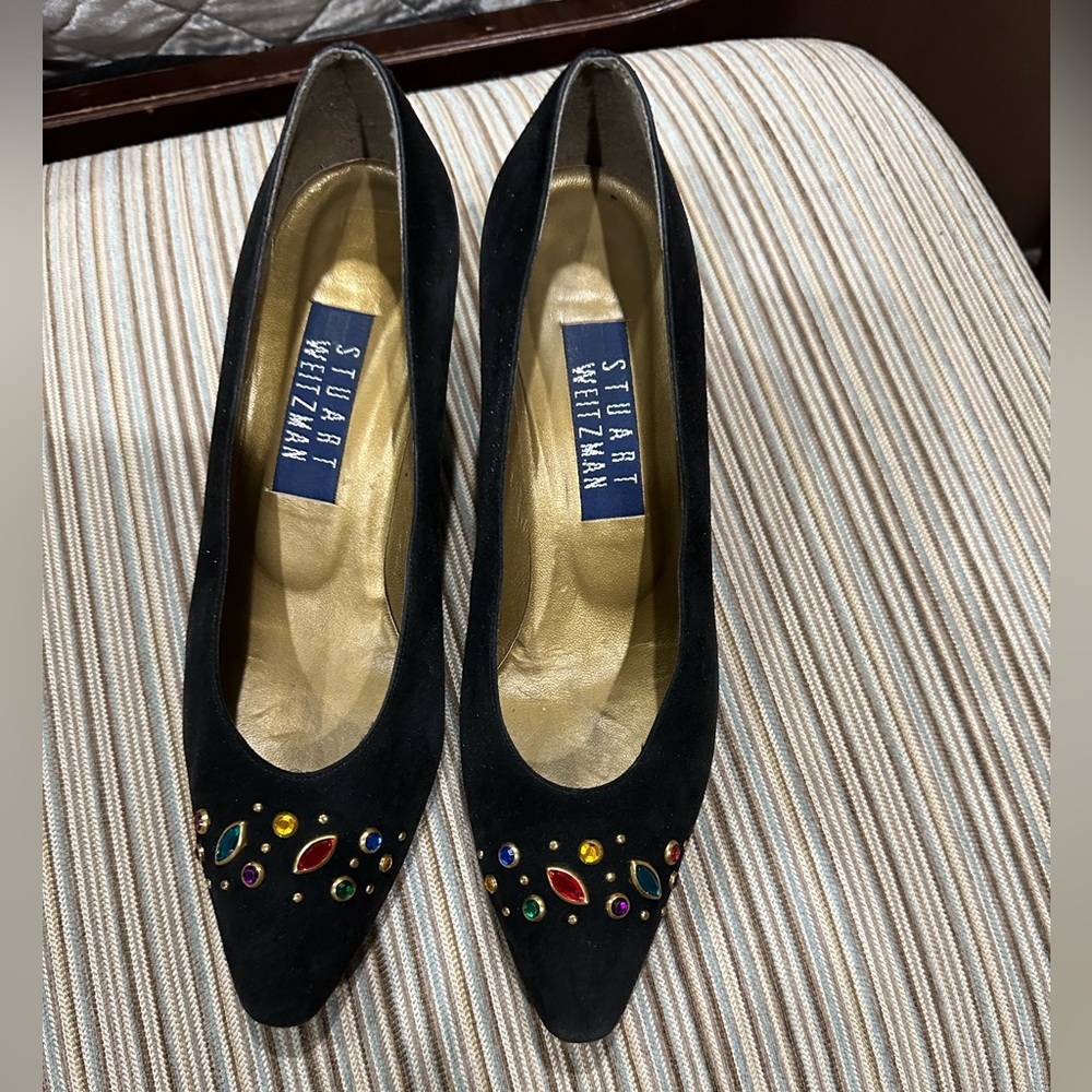 Stuart Weitzman Black Heels with Colorful Jewel Embellishments